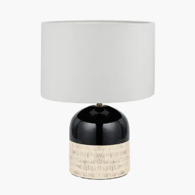Lotta Black and Natural Stoneware Table Lamp Base with Lino 35cm White Self Lined Linen Cylinder Lampshade