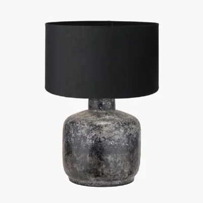 Vulcan Textured Volcanic Effect Grey Small Stoneware Table Lamp Base with Harry 30cm Black Cotton Mix Cylinder Lampshade