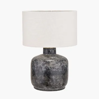 Vulcan Textured Volcanic Effect Grey Small Stoneware Table Lamp Base with Lino 25cm White Self Lined Linen Cylinder Lampshade