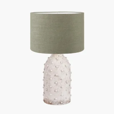 Kali Textured Dot Light Grey Stoneware Table Lamp Base with Edward 30cm Pistachio Green Linen Cylinder Lampshade