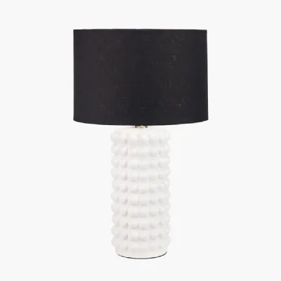 Sohan White Bobbled Ceramic Tall Table Lamp Base with Lino 40cm Black Self Lined Linen Cylinder Lampshade