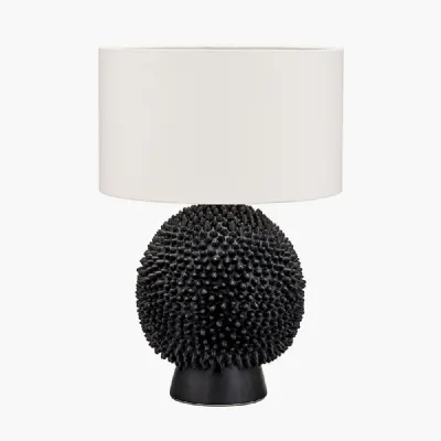 Wrenley Black Ceramic Sea Urchin Table Lamp Base with Henry 35cm White Handloom Cylinder Lampshade