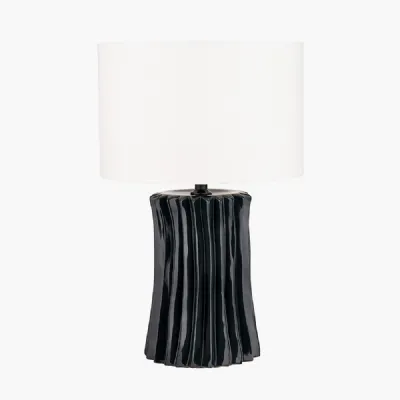 Devony Black Pleated Ceramic Table Lamp Base with Lino 35cm White Self Lined Linen Cylinder Lampshade