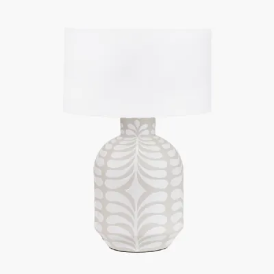 Tania Grey and White Pattern Ceramic Table Lamp Base with Lino 35cm White Self Lined Linen Cylinder Lampshade
