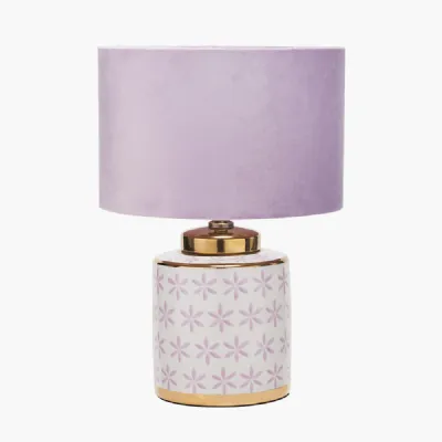 Thea Lillac and Gold Leaf Ceramic Table Lamp Base with Rene 35cm Blush Velvet Cylinder Lampshade