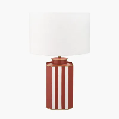 Raya Cinnamon and White Hand Painted Metal Table Lamp Base with Lino 40cm White Self Lined Linen Cylinder Lampshade