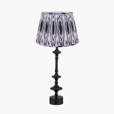 Emilio Matt Black Candlestick Table Lamp Base with Izara 35cm Lilac Ikat Patterned Mushroom Pleat Tapered Lampshade