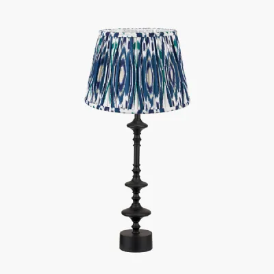 Emilio Matt Black Candlestick Table Lamp Base with Izara 35cm Ocean Blue Ikat Patterned Mushroom Pleat Tapered Lampshade