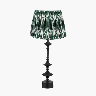 Emilio Matt Black Candlestick Table Lamp Base with Izara 35cm Racing Green Ikat Patterned Mushroom Pleat Tapered Lampshade