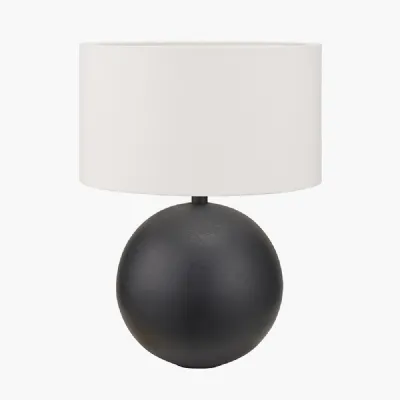 Benio Matt Black Metal Spherical Table Lamp Base with Henry 35cm White Handloom Cylinder Lampshade