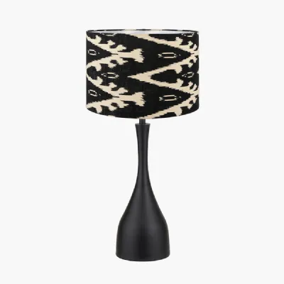 Llora Matt Black Metal Curved Table Lamp Base with Lars 35cm Black Ikat Patterned Cylinder Lampshade