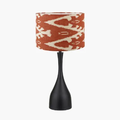 Llora Matt Black Metal Curved Table Lamp Base with Lars 35cm Cinnamon Ikat Patterned Cylinder Lampshade