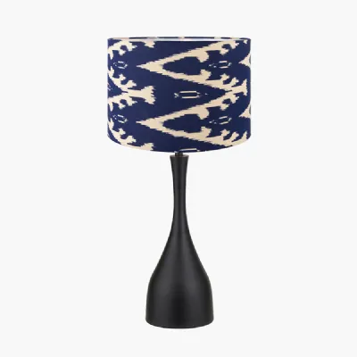 Llora Matt Black Metal Curved Table Lamp Base with Lars 35cm Ocean Blue Ikat Patterned Cylinder Lampshade