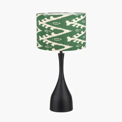 Llora Matt Black Metal Curved Table Lamp Base with Lars 35cm Racing Green Ikat Patterned Cylinder Lampshade