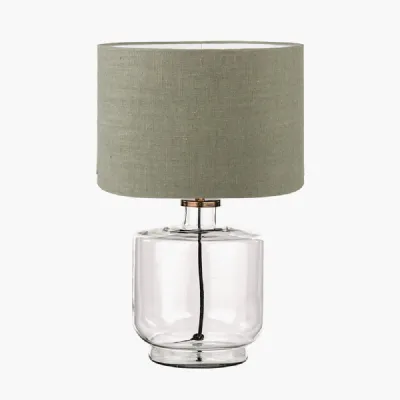 Josie Clear Glass and Antique Brass Metal Table Lamp Base with Edward 30cm Pistachio Green Linen Cylinder Lampshade