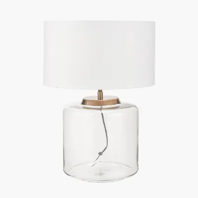 Josie Clear Glass and Antique Brass Metal Large Table Lamp Base with Harry 40cm Ivory Cotton Mix Cylinder Lampshade