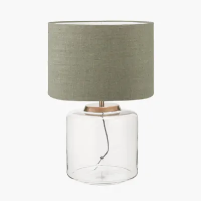 Josie Clear Glass and Antique Brass Metal Large Table Lamp Base with Edward 40cm Pistachio Green Linen Cylinder Lampshade