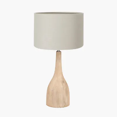Corella Natural Mango Wood Curved Table Lamp Base with Lino 40cm Grey Self Lined Linen Cylinder Lampshade