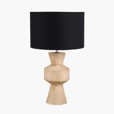 Koa Natural Mango Wood Contemporary Table Lamp Base with Lino 35cm Black Self Lined Linen Cylinder Lampshade