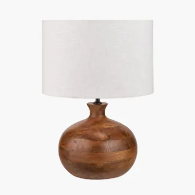 Kiah Brown Oiled Finish Mango Wood Round Table Lamp Base with Lino 40cm White Self Lined Linen Cylinder Lampshade