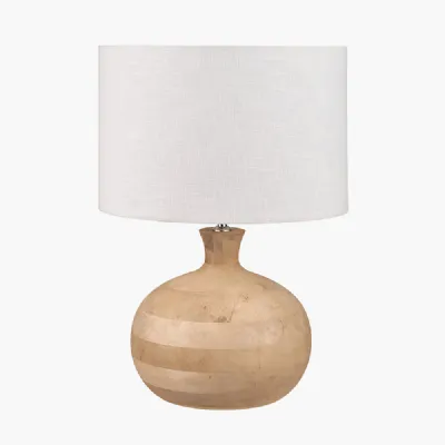 Kiah Natural Mango Wood Round Table Lamp Base with Lino 40cm White Self Lined Linen Cylinder Lampshade
