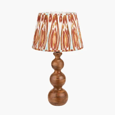 Nyari Brown Oiled Finish Mango Wood 3 Ball Design Table Lamp Base with Izara 40cm Cinnamon Ikat Patterned Mushroom Pleat Tapered Lampshade