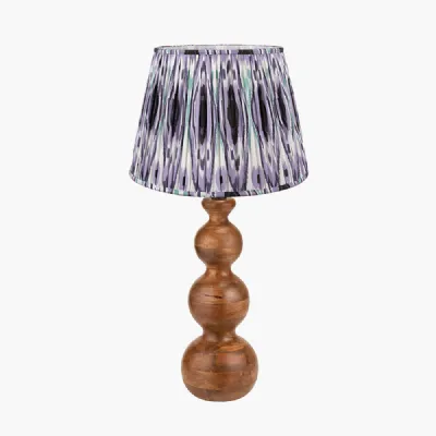 Nyari Brown Oiled Finish Mango Wood 3 Ball Design Table Lamp Base with Izara 40cm Lilac Ikat Patterned Mushroom Pleat Tapered Lampshade
