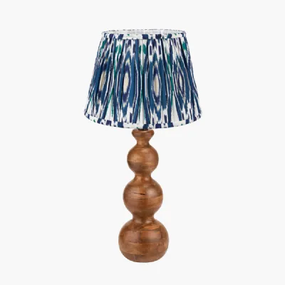 Nyari Brown Oiled Finish Mango Wood 3 Ball Design Table Lamp Base with Izara 40cm Ocean Blue Ikat Patterned Mushroom Pleat Tapered Lampshade