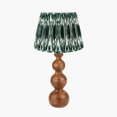 Nyari Brown Oiled Finish Mango Wood 3 Ball Design Table Lamp Base with Izara 40cm Racing Green Ikat Patterned Mushroom Pleat Tapered Lampshade