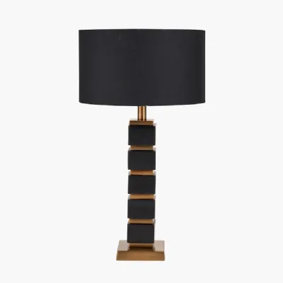 Maximo Matt Black and Antique Brass Cube Design Table Lamp Base with Harry 35cm Black Cotton Mix Cylinder Lampshade