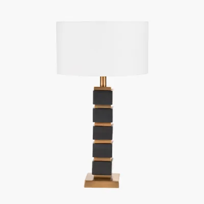 Maximo Matt Black and Antique Brass Cube Design Table Lamp Base with Harry 35cm Ivory Cotton Mix Cylinder Lampshade