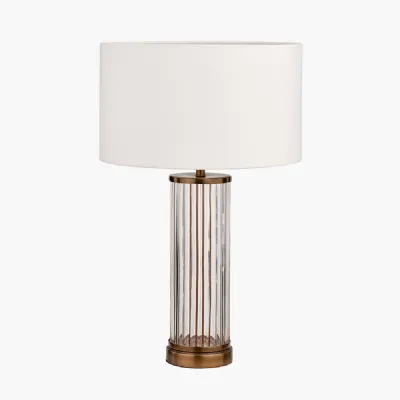 Ciara Clear Glass and Antique Brass Metal Table Lamp Base with Henry 35cm White Handloom Cylinder Lampshade