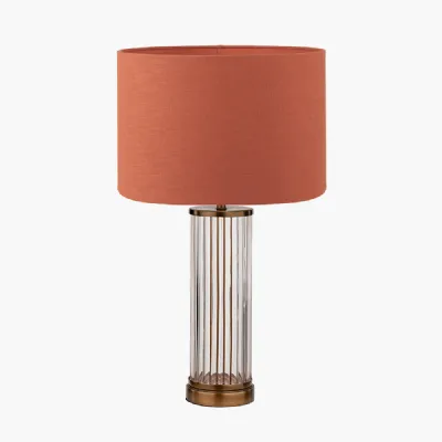 Ciara Clear Glass and Antique Brass Metal Table Lamp Base with Lino 35cm Cinnamon Self Lined Linen Cylinder Lampshade