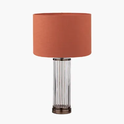 Ciara Clear Glass and Antique Bronze Metal Table Lamp Base with Lino 35cm Cinnamon Self Lined Linen Cylinder Lampshade