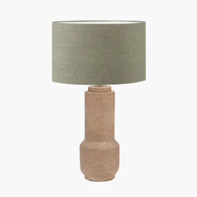 Gaiana Concrete Brown Stoneware Table Lamp Base with Edward 35cm Pistachio Green Linen Cylinder Lampshade