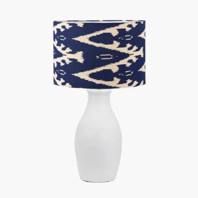 Eirene White Textured Stoneware Table Lamp Base with Lars 40cm Ocean Blue Ikat Patterned Cylinder Lampshade