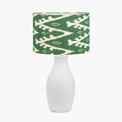 Eirene White Textured Stoneware Table Lamp Base with Lars 40cm Racing Green Ikat Patterned Cylinder Lampshade