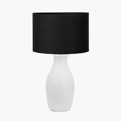 Eirene White Textured Stoneware Table Lamp Base with Lino 40cm Black Self Lined Linen Cylinder Lampshade
