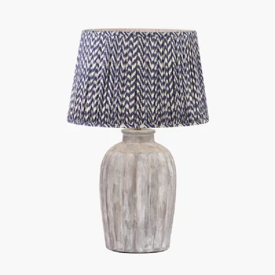 Ambrosia Natural Grooved Stoneware Table Lamp Base with Vienna 35cm Blue Chevron Mushroom Pleat Lampshade