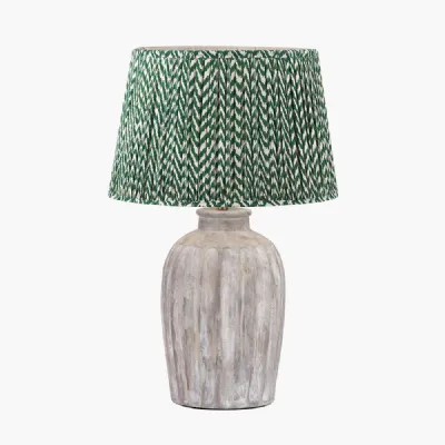 Ambrosia Natural Grooved Stoneware Table Lamp Base with Vienna 35cm Forest Green Chevron Mushroom Pleat Lampshade