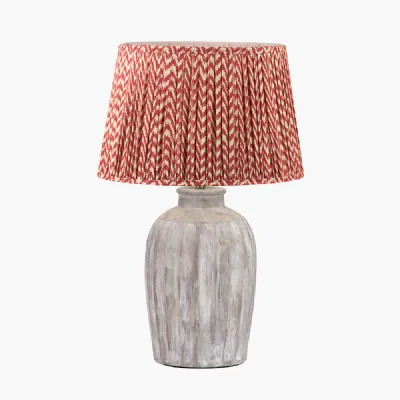 Ambrosia Natural Grooved Stoneware Table Lamp Base with Vienna 35cm Red Chevron Mushroom Pleat Lampshade