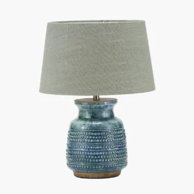 Theano Dot Design Blue Glaze Table Lamp Base with Milos 30cm Pistachio Green Linen Tapered Lampshade