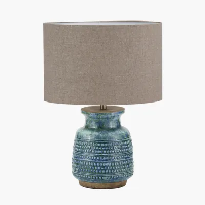 Theano Dot Design Blue Glaze Table Lamp Base with Edward 30cm Natural Linen Cylinder Lampshade