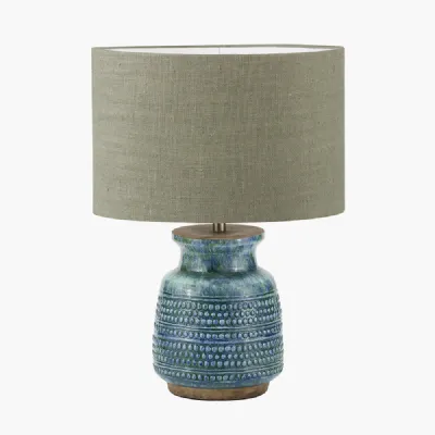 Theano Dot Design Blue Glaze Table Lamp Base with Edward 30cm Pistachio Green Linen Cylinder Lampshade