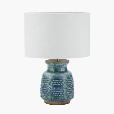Theano Dot Design Blue Glaze Table Lamp Base with Lino 30cm White Self Lined Linen Cylinder Lampshade