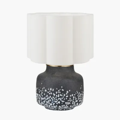 Etna Black and White Glass Table Lamp Base with Bloom 40cm White Handloom Scalloped Cylinder Lampshade