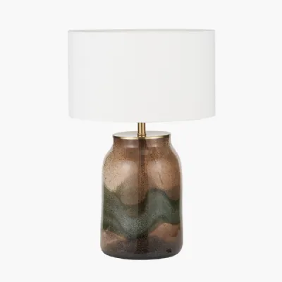 Valtellina Brown and Green Glass Table Lamp Base with Henry 35cm White Handloom Cylinder Lampshade