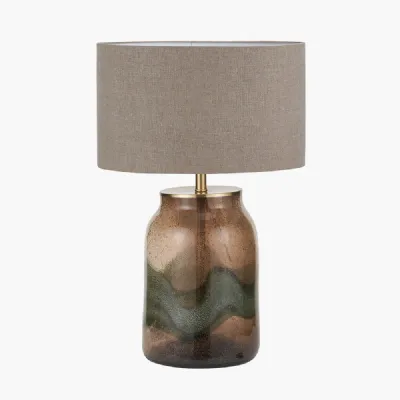 Valtellina Brown and Green Glass Table Lamp Base with Edward 35cm Natural Linen Cylinder Lampshade