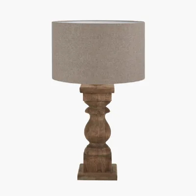 Kavya Antique Brown Turned Wood Table Lamp Base with Edward 45cm Natural Linen Cylinder Lampshade