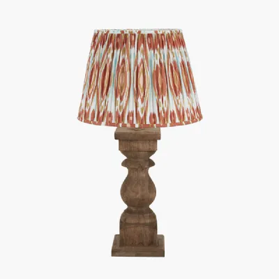 Kavya Antique Brown Turned Wood Table Lamp Base with Izara 45cm Cinnamon Ikat Patterned Mushroom Pleat Tapered Lampshade